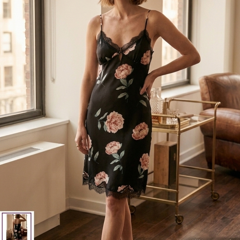 Rare Satin Lace Trim Slip On Dress Retired Y2K 90s Mini Floral Grunge Cottage Ne
